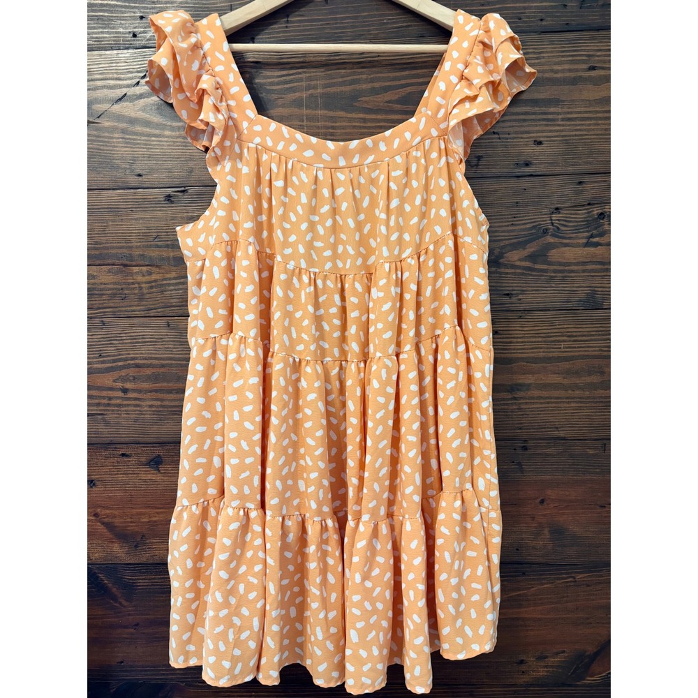 Lovely J Babydoll Dress Womens Large Orange White Ruffle Tiered Boho Cottagecore
